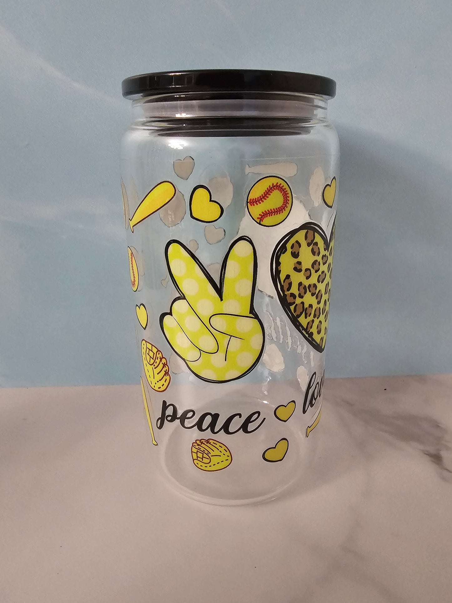 Drinkware-Softball / 16oz glass cup / glass cup with bamboo lid and glass straw/ iced coffee cup