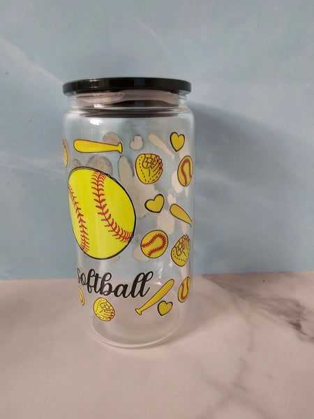 Drinkware-Softball / 16oz glass cup / glass cup with bamboo lid and glass straw/ iced coffee cup