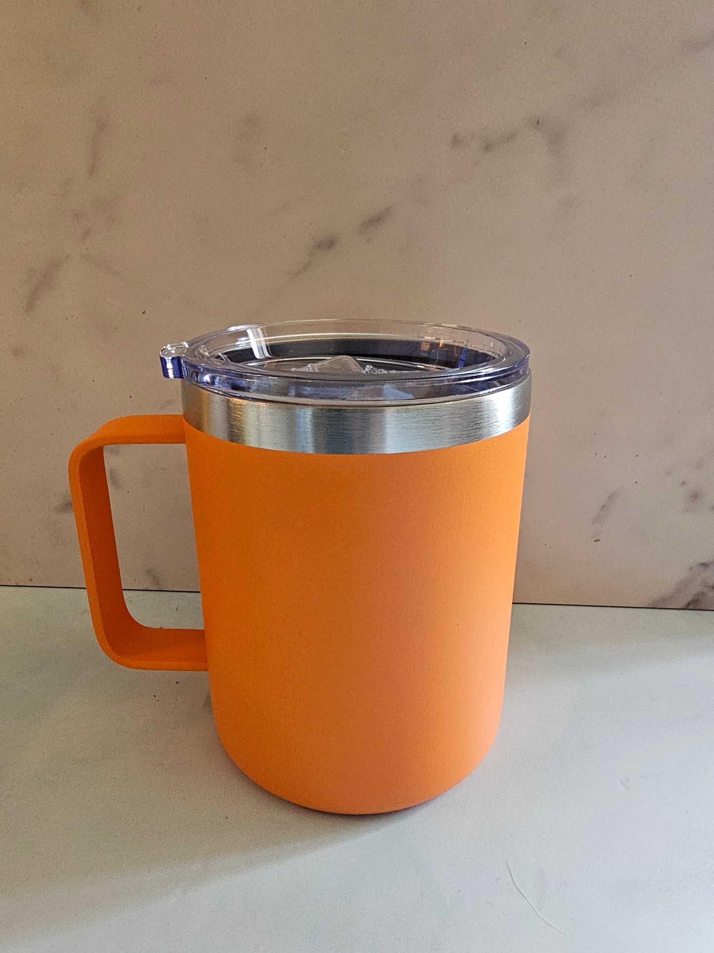 Blue Insulated Coffee Mug with Lid, Travel Tumbler with Handle, Blue 12oz Stainless Steel Cup for Camping, Office, Home, Powder Coated White Orange