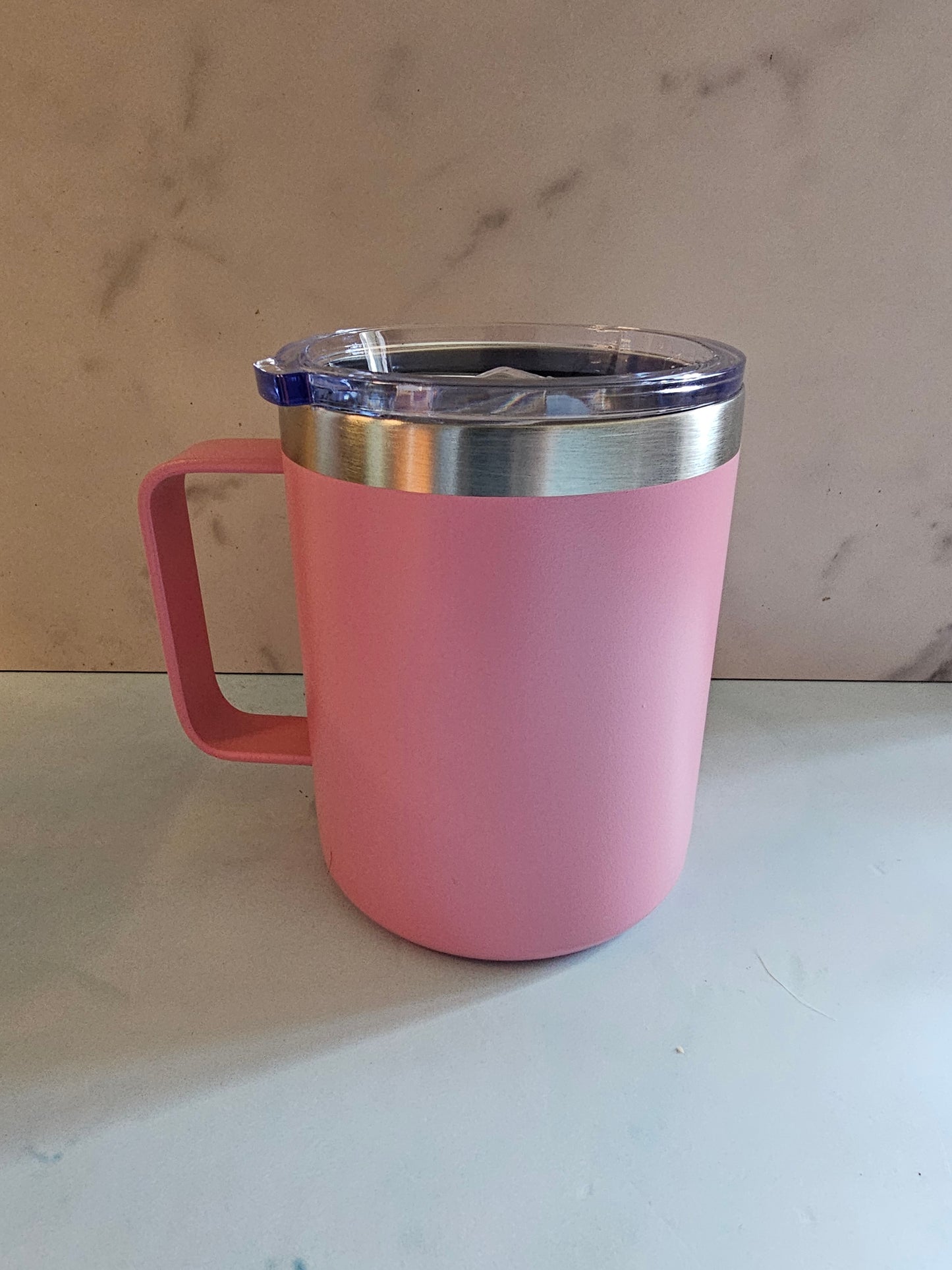 Blue Insulated Coffee Mug with Lid, Travel Tumbler with Handle, Blue 12oz Stainless Steel Cup for Camping, Office, Home, Powder Coated White Pink