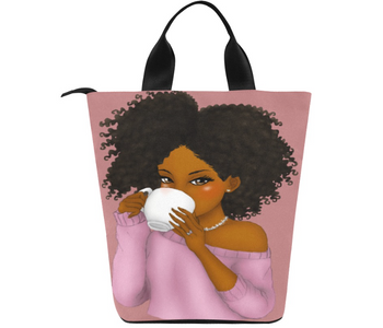 Little Girl with cup of tea, Lunch Bag, Breakfast, Everyday Bag, Shoe Bag, Lunch Container for Work/Office/Picnic/Travel