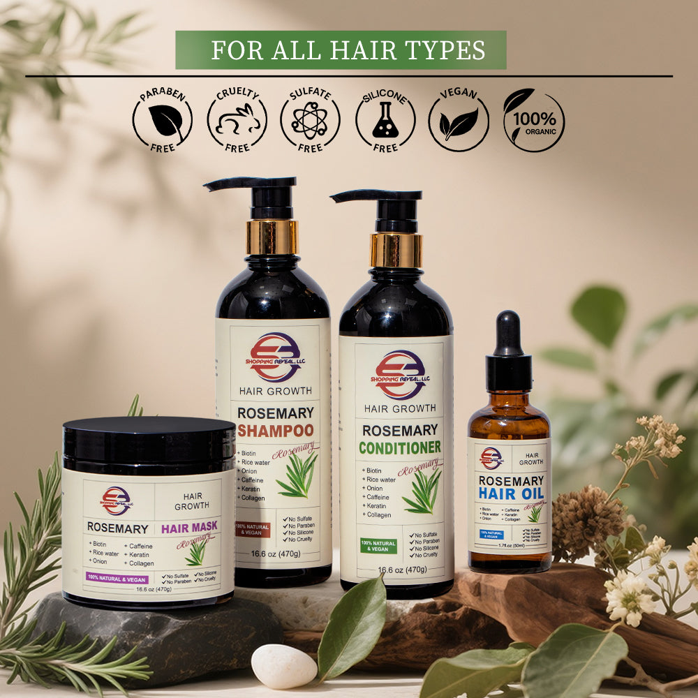 Shopping Reveal Rosemary 100% Natural Care; Vegan Hair Growth set, Strengthen Thinning Hair Care Set Infused with Biotin, Collagen, Caffeine and Keratin Helps Strengthen your Hair