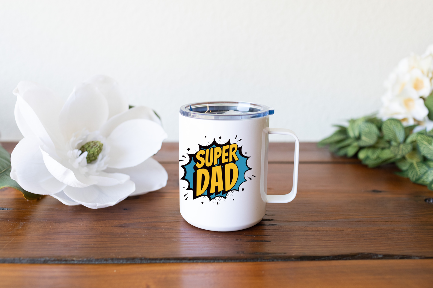 Insulated Coffee Mug with Lid, Travel Tumbler with Handle, 16oz Stainless Steel Cup for Camping, Office, Home, Powder Coated White