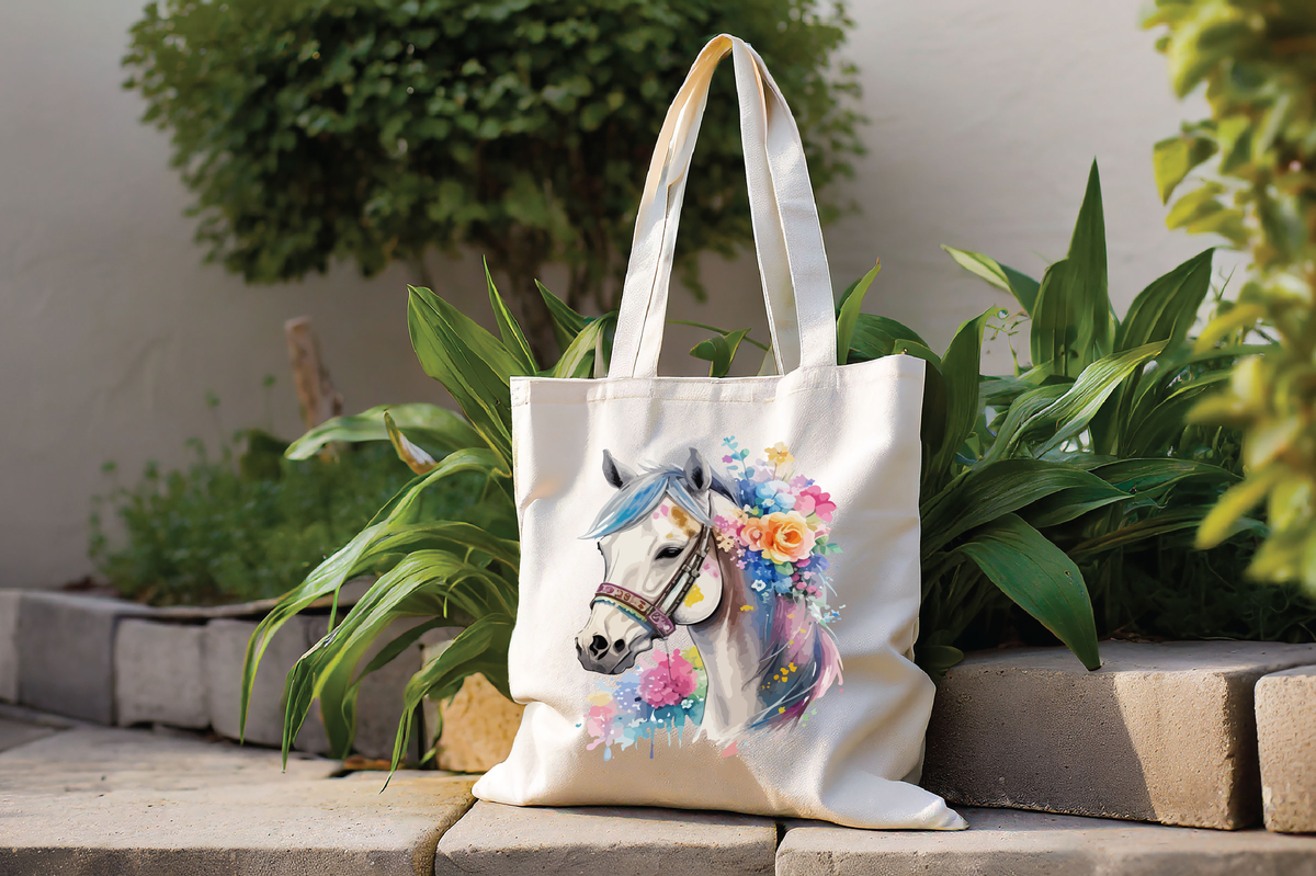Tote Bag- Horse Print Canvas Tote Bag, Reusable Grocery Bags, School Bag, Everyday bag 14.5" W x 15.5" H