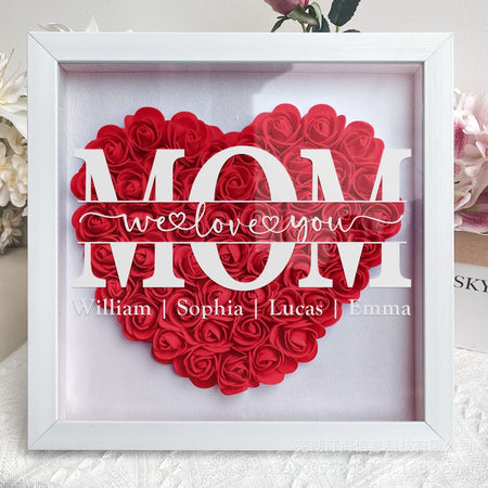 Custom Mom Flower Shadow Box Personalized Heart Shaped Name Frame Mothers Day Gift for Mom, Grandma, Family Anniversary, Birthday, 12"x 12"