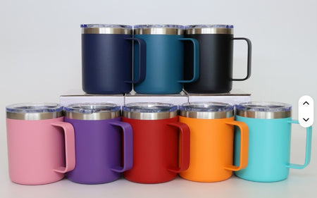 Blue Insulated Coffee Mug with Lid, Travel Tumbler with Handle, Blue 12oz Stainless Steel Cup for Camping, Office, Home, Powder Coated White