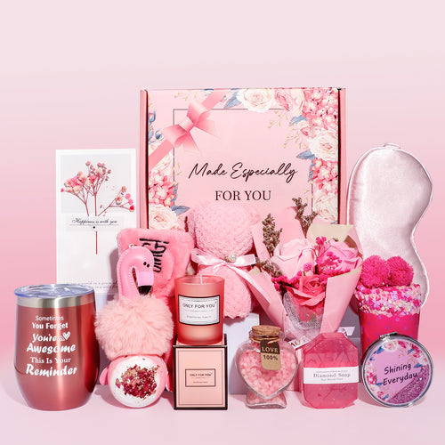 SR Gifts Made Especially for you, Happy Birthday, Female Gift Ideas for Best Friend, Pink Box Gift Basket for Women Gifts Set for Teenage Girl ,Sister, Mom, Relaxing Set