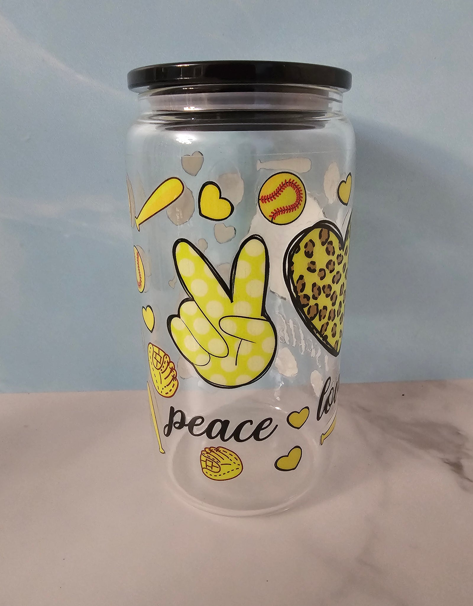 Drinkware-Softball / 16oz glass cup / glass cup with bamboo lid and glass straw/ iced coffee cup