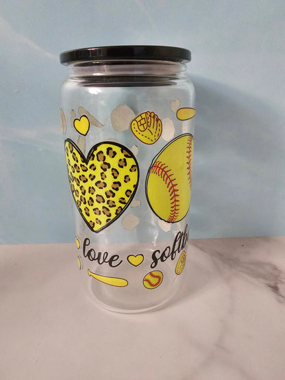 Drinkware-Softball / 16oz glass cup / glass cup with bamboo lid and glass straw/ iced coffee cup