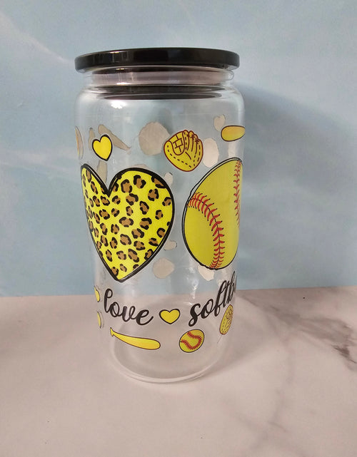 Load image into Gallery viewer, Drinkware-Softball / 16oz glass cup / glass cup with bamboo lid and glass straw/ iced coffee cup
