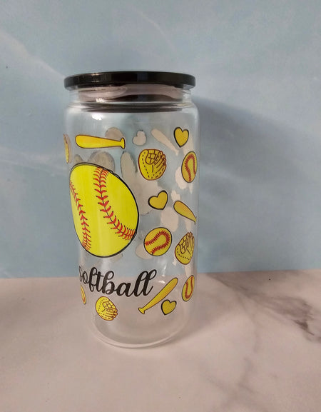 Drinkware-Softball / 16oz glass cup / glass cup with bamboo lid and glass straw/ iced coffee cup