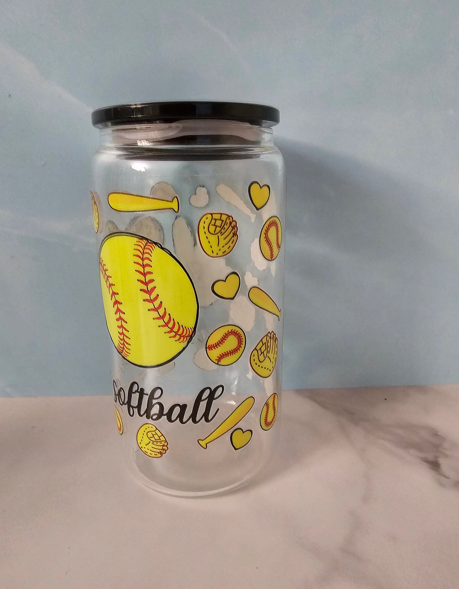 Drinkware-Softball / 16oz glass cup / glass cup with bamboo lid and glass straw/ iced coffee cup