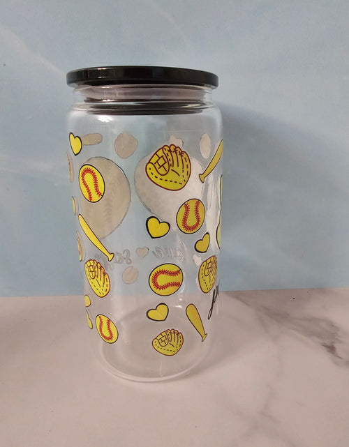 Load image into Gallery viewer, Drinkware-Softball / 16oz glass cup / glass cup with bamboo lid and glass straw/ iced coffee cup
