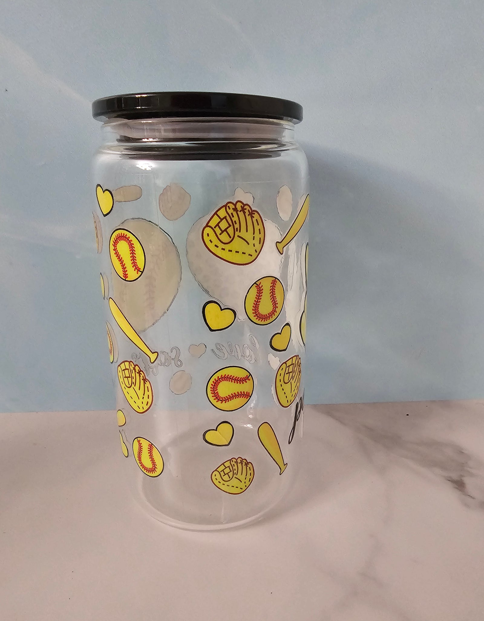 Drinkware-Softball / 16oz glass cup / glass cup with bamboo lid and glass straw/ iced coffee cup