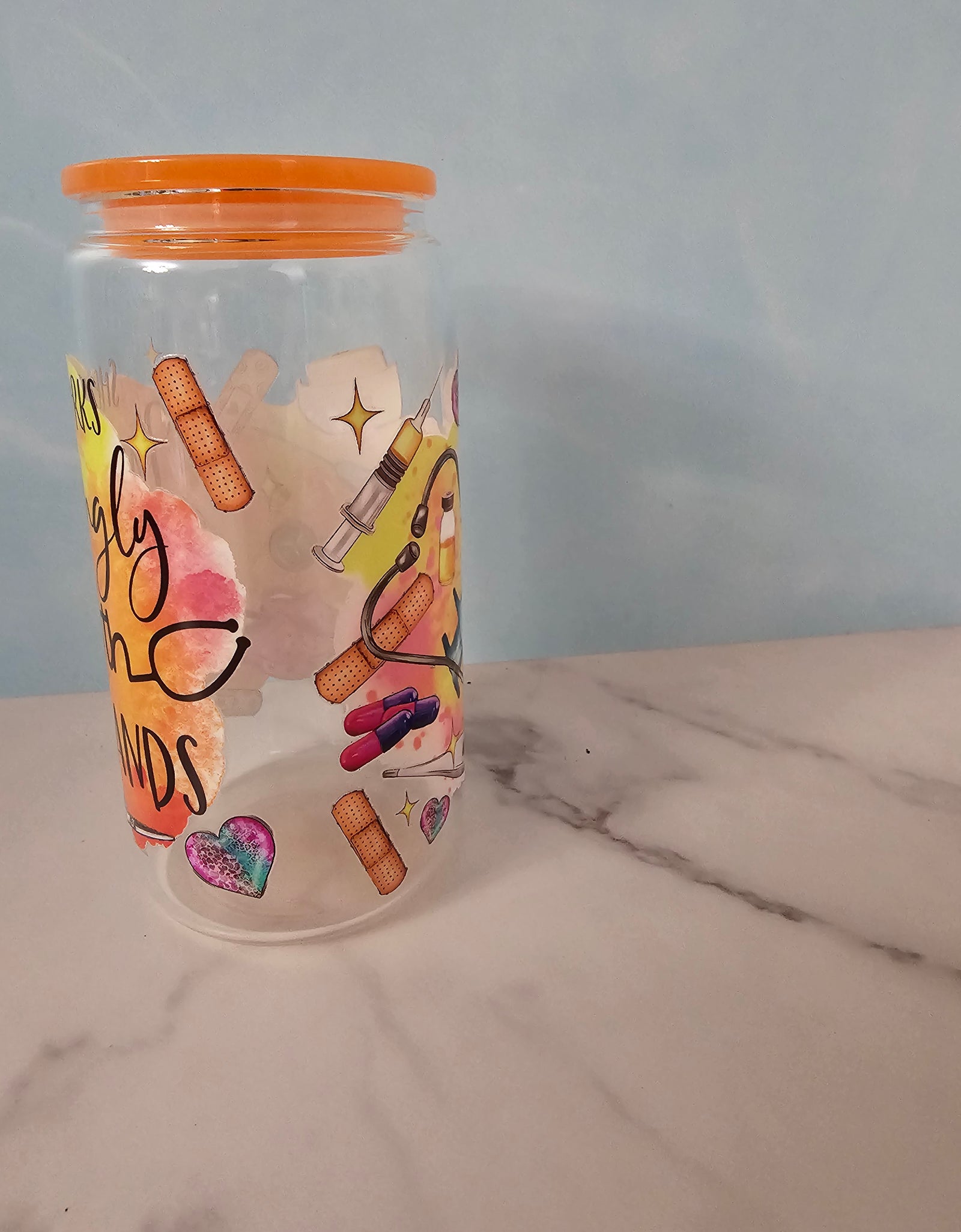 Drinkware-Nurse Glass Mug  / 16oz glass cup / glass cup with bamboo lid and glass straw/ iced coffee cup