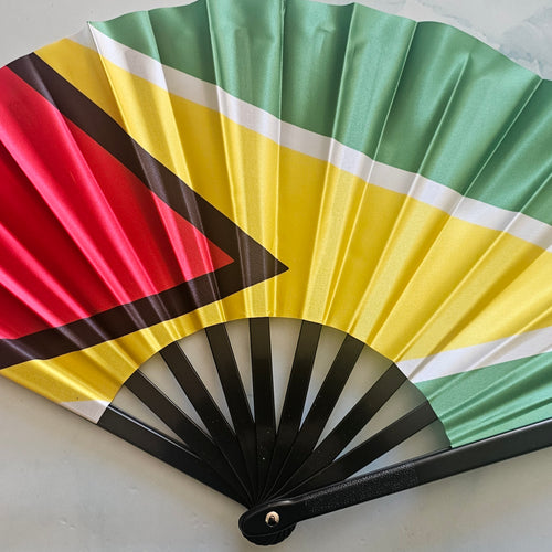 SR- Guyana Caribbean Country National Flag Bamboo Folding Hand Held Fans, made with Bamboo sticks
