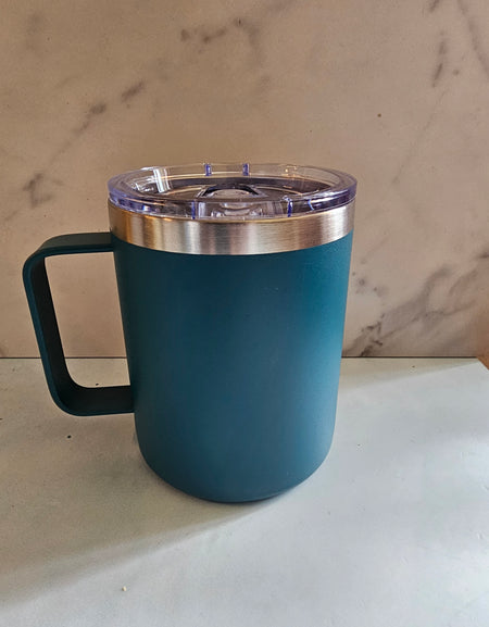 Blue Insulated Coffee Mug with Lid, Travel Tumbler with Handle, Blue 12oz Stainless Steel Cup for Camping, Office, Home, Powder Coated White