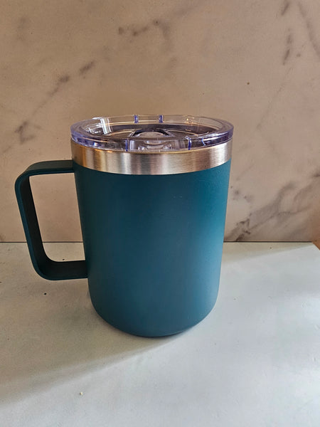 Blue Insulated Coffee Mug with Lid, Travel Tumbler with Handle, Blue 12oz Stainless Steel Cup for Camping, Office, Home, Powder Coated White