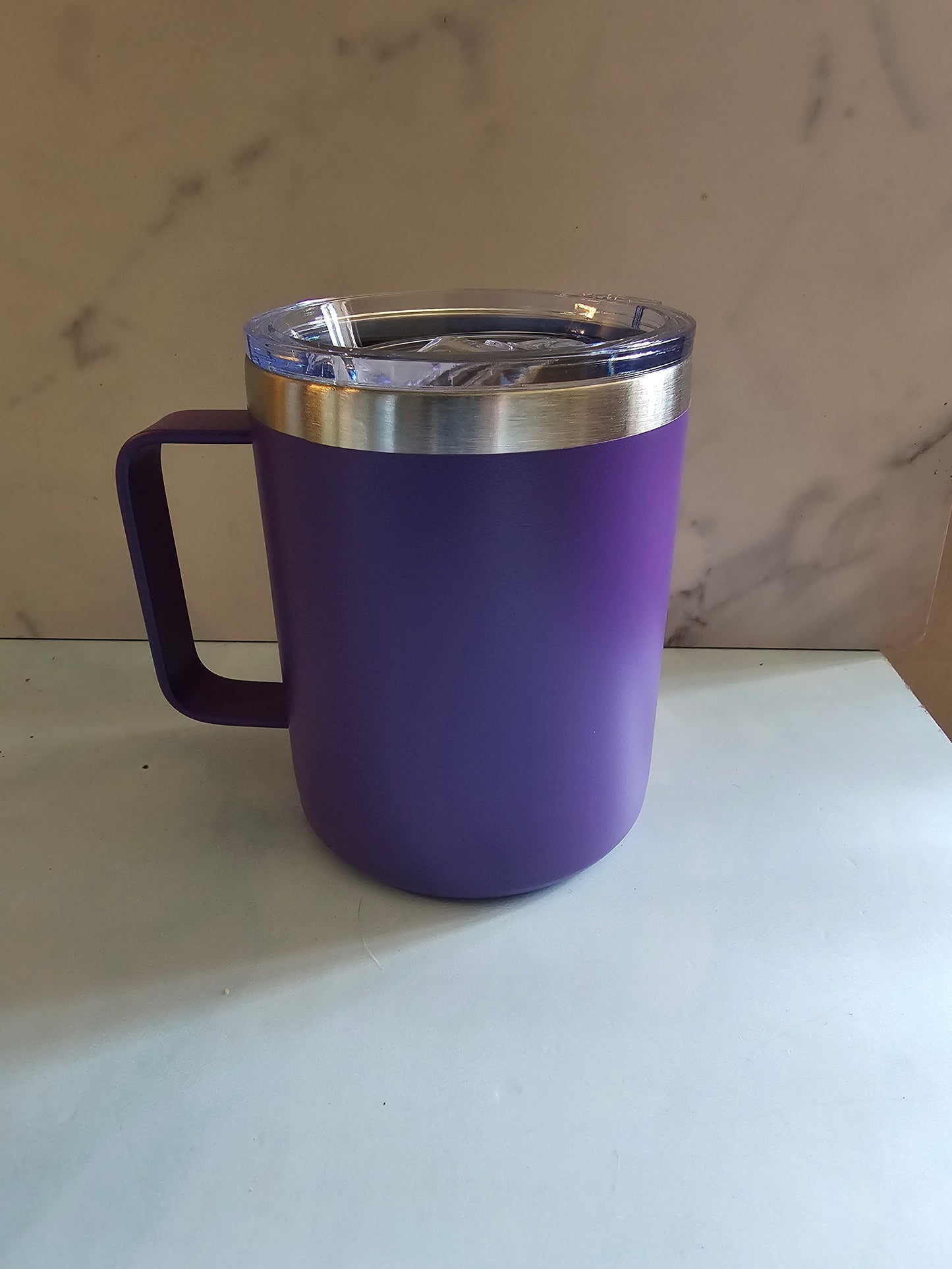 Blue Insulated Coffee Mug with Lid, Travel Tumbler with Handle, Blue 12oz Stainless Steel Cup for Camping, Office, Home, Powder Coated White