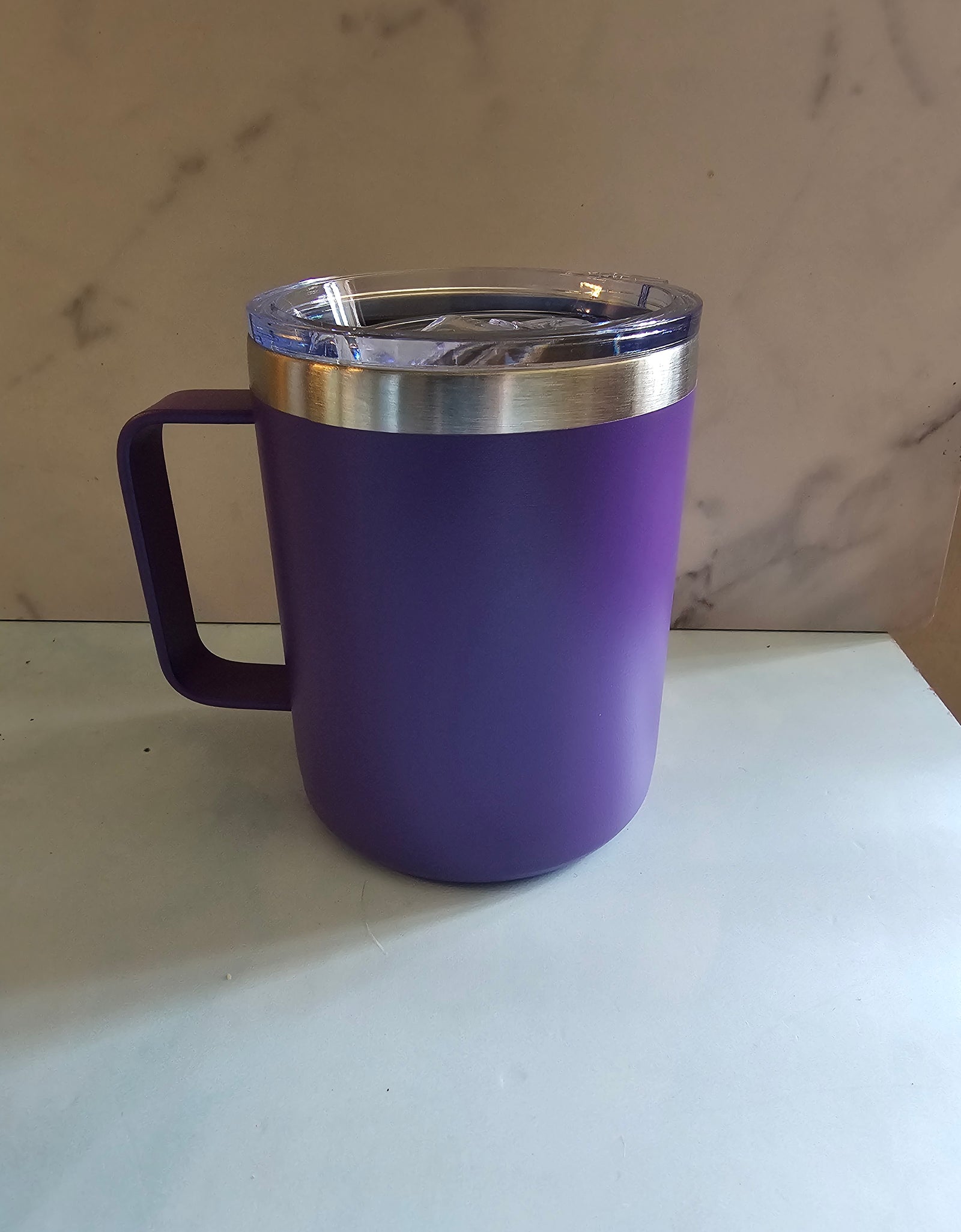 Blue Insulated Coffee Mug with Lid, Travel Tumbler with Handle, Blue 12oz Stainless Steel Cup for Camping, Office, Home, Powder Coated White