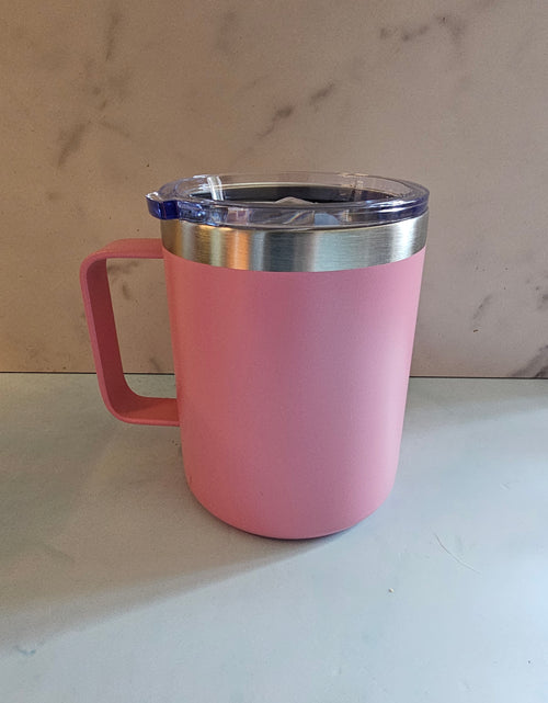 Load image into Gallery viewer, Blue Insulated Coffee Mug with Lid, Travel Tumbler with Handle, Blue 12oz Stainless Steel Cup for Camping, Office, Home, Powder Coated White
