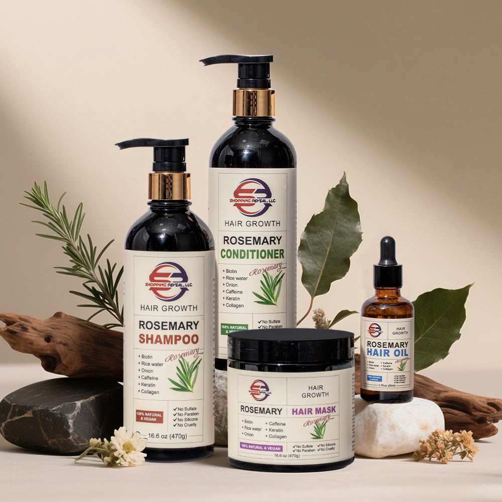 Shopping Reveal Rosemary 100% Natural Care; Vegan Hair Growth set, Strengthen Thinning Hair Care Set Infused with Biotin, Collagen, Caffeine and Keratin Helps Strengthen your Hair