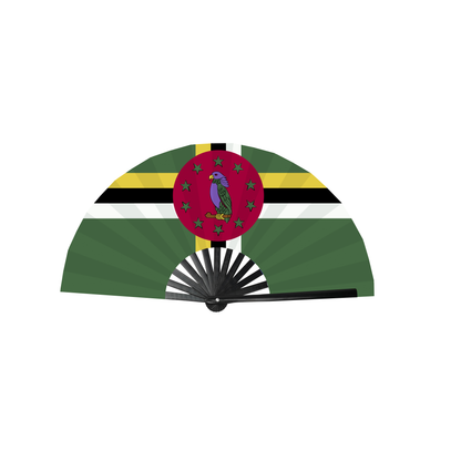 SR Dominica Caribbean Country National Flag Bamboo Folding Hand Held Fans, made with Bamboo sticks