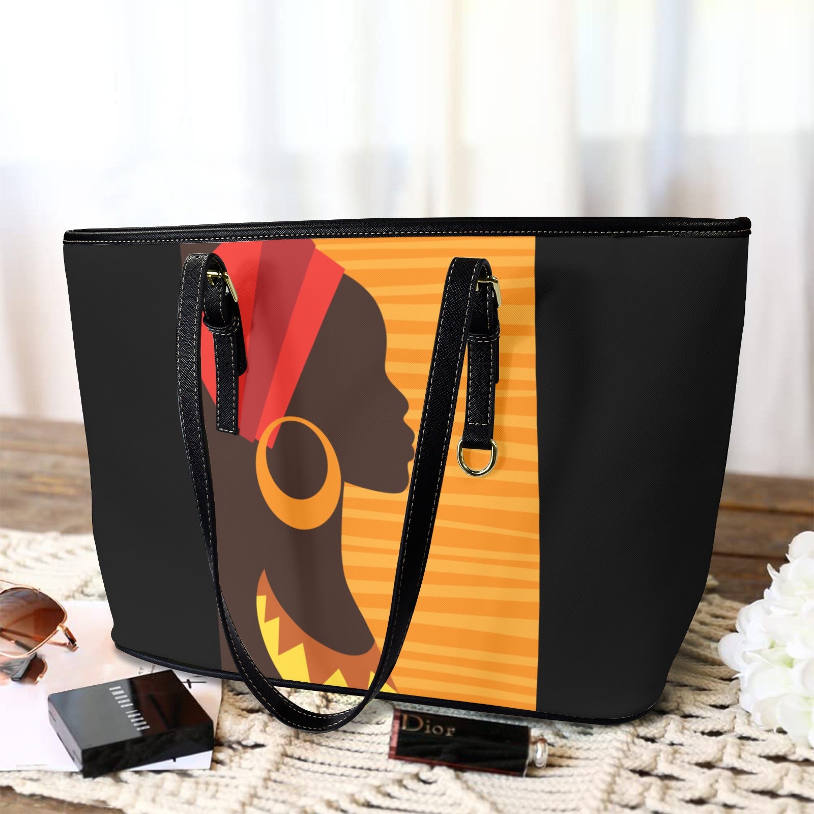 African Black Tote Bag- Leather Tote Bag/Large