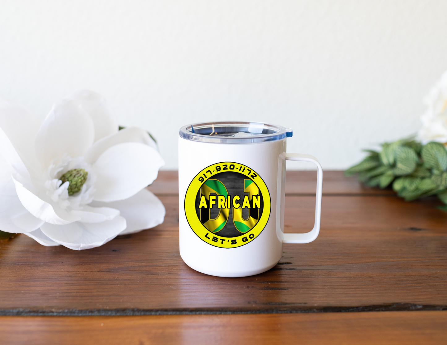 Insulated Coffee Mug with Lid, DJ African Mug, Travel Tumbler with Handle, 12oz Stainless Steel Cup for Camping, Office, Home, Powder Coated White (Copy)