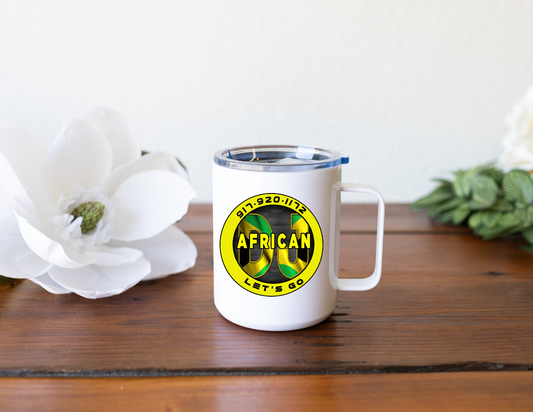 Insulated Coffee Mug with Lid, DJ African Mug, Travel Tumbler with Handle, 12oz Stainless Steel Cup for Camping, Office, Home, Powder Coated White (Copy)