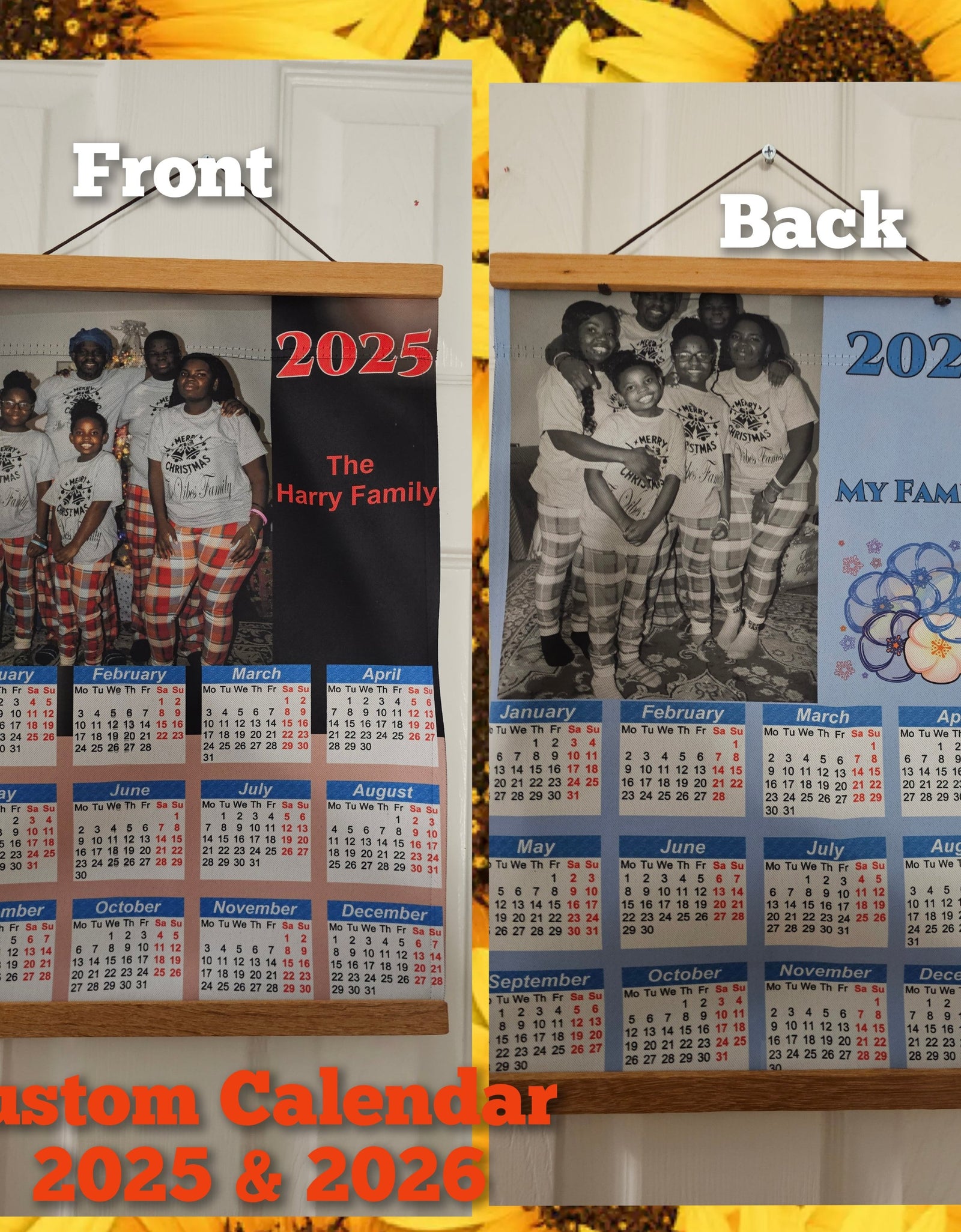 Flag-Unique Custom Calendar for 2025 & 2026, 12x18 Inch , Both Sides,  Wedding Picture, Family Pictures, Business Info, Kids Pictures, etc.