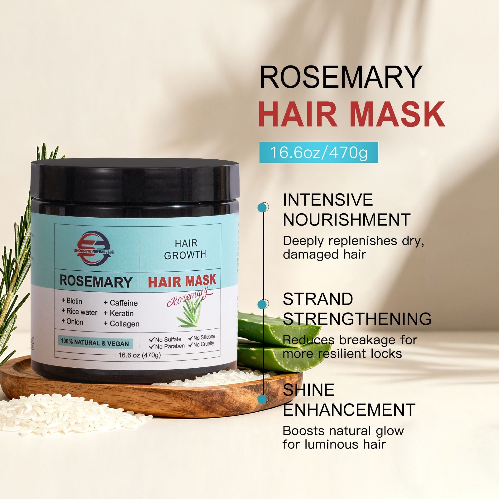 Shopping Reveal Rosemary 100% Natural Care; Vegan Hair Growth set, Strengthen Thinning Hair Care Set Infused with Biotin, Collagen, Caffeine and Keratin Helps Strengthen your Hair