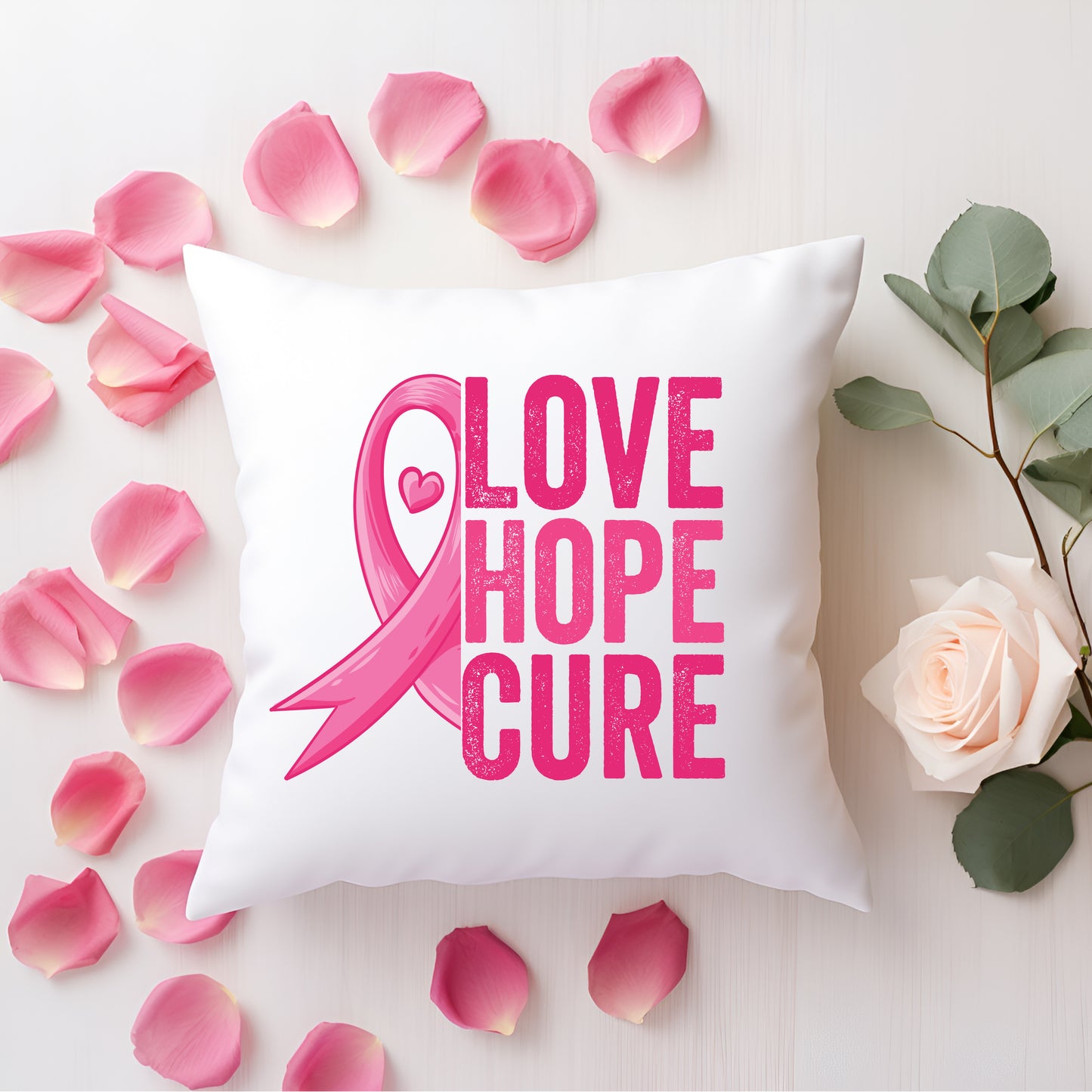 Encouragement Themed 16″×16″ Love, Hope Cure Decorative Throw Pillow (Comes with Insert), Home Bedroom Living Room Girls Sofa Couch Bed Decor, Breast Cancer Awareness Gifts