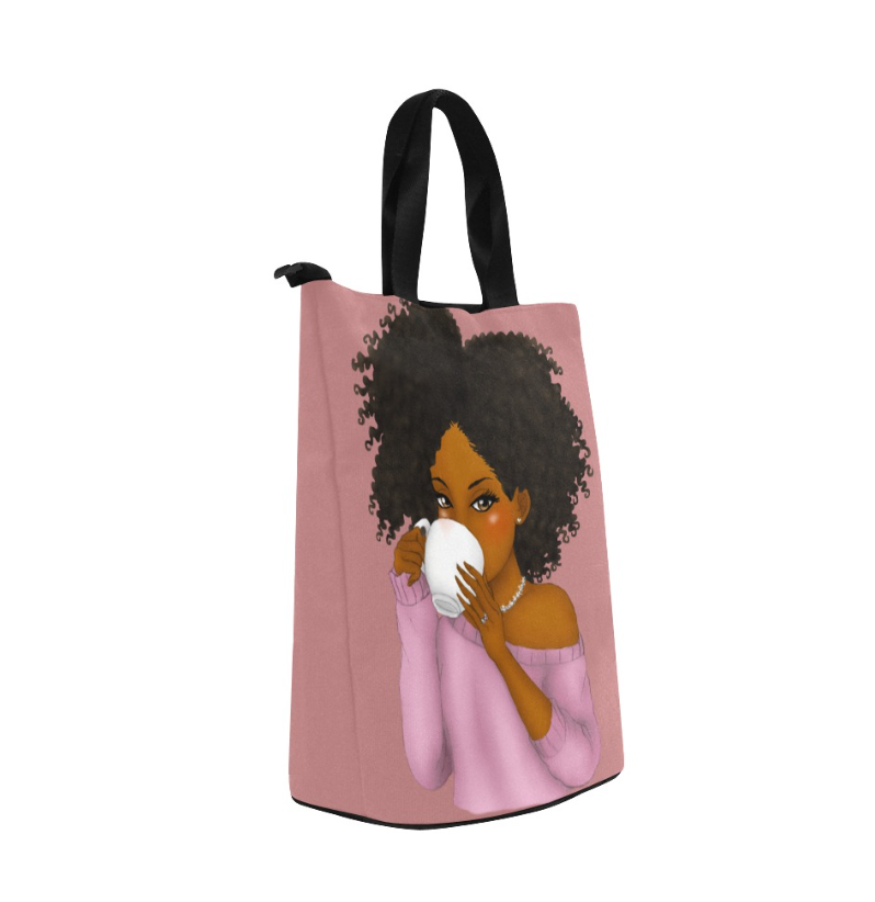 Little Girl with cup of tea, Lunch Bag, Breakfast, Everyday Bag, Shoe Bag, Lunch Container for Work/Office/Picnic/Travel