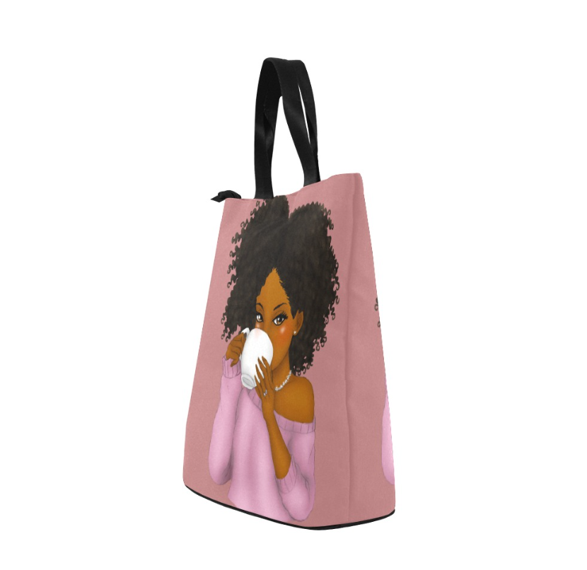 Little Girl with cup of tea, Lunch Bag, Breakfast, Everyday Bag, Shoe Bag, Lunch Container for Work/Office/Picnic/Travel