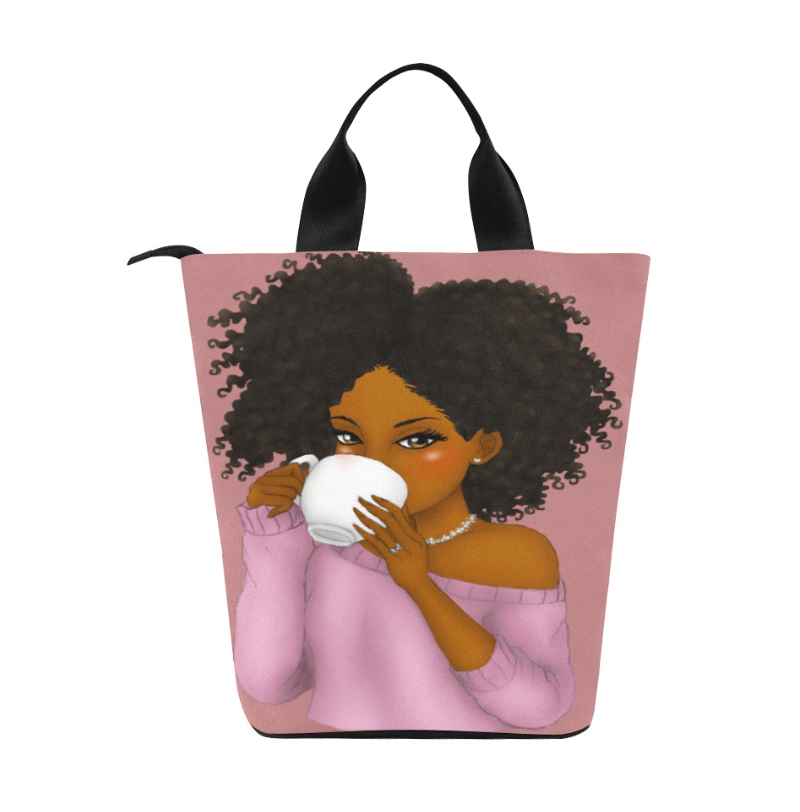 Little Girl with cup of tea, Lunch Bag, Breakfast, Everyday Bag, Shoe Bag, Lunch Container for Work/Office/Picnic/Travel