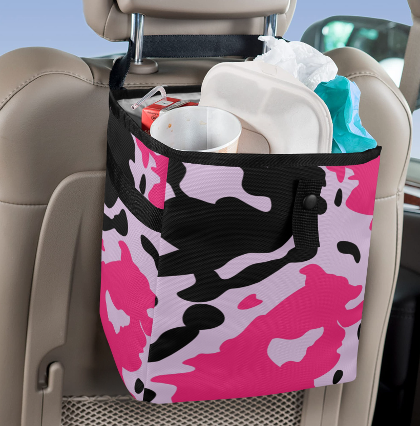 Car Trash Bag-Pink Cow Print Hanging Garbage Bin for any vehicle - Automotive Front and Back Seat Trash Can