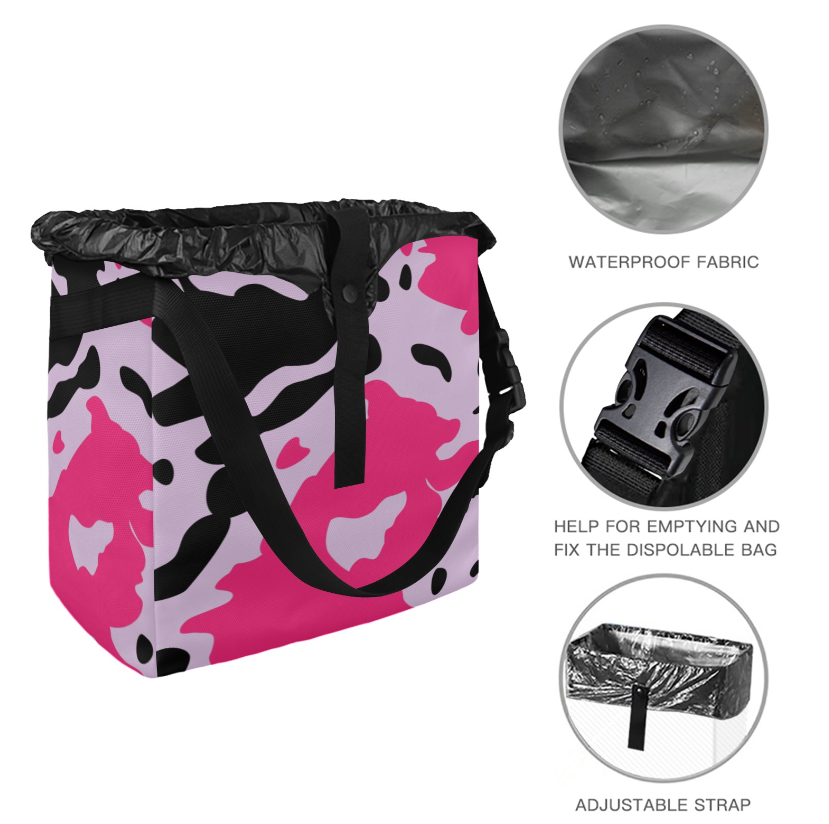 Car Trash Bag-Pink Cow Print Hanging Garbage Bin for any vehicle - Automotive Front and Back Seat Trash Can