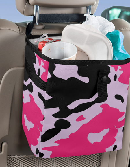 Car Trash Bag-Pink Cow Print Hanging Garbage Bin for any vehicle - Automotive Front and Back Seat Trash Can