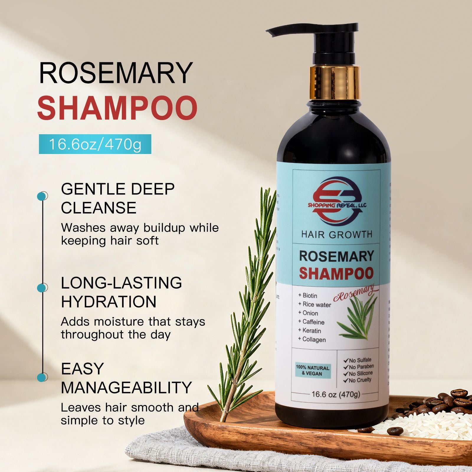 Shopping Reveal Rosemary 100% Natural Care; Vegan Hair Growth set, Strengthen Thinning Hair Care Set Infused with Biotin, Collagen, Caffeine and Keratin Helps Strengthen your Hair