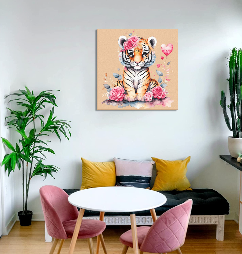 Framed Canvas-Lion with Flowers Framed Canvas Print, Wall Decor, Living Room, Dining Room, etc