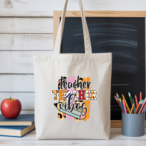 Teacher Vibez Tote Bag, Reusable Grocery Bags, School Bag, Everyday bag 14.5" W x 15.5" H