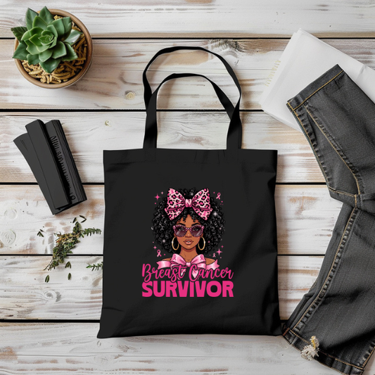 Black Breast Cancer Tote Bag, Reusable Grocery Bags, School Bag, Everyday bag 14.5" W x 15.5" H Black