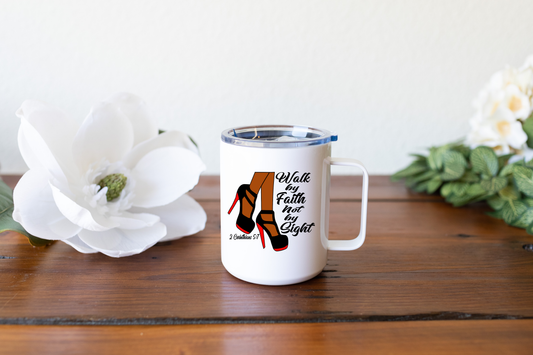 Walk by Faith Insulated Coffee Mug with Lid, Travel Tumbler with Handle, 16oz Stainless Steel Cup for Camping, Office, Home, Powder Coated White