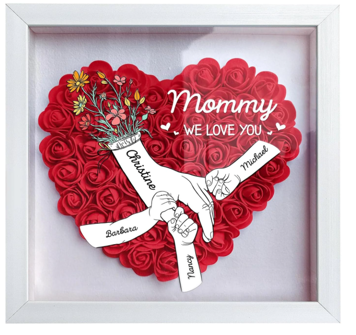 Custom Mom Flower Shadow Box Personalized Heart Shaped Name Frame Mothers Day Gift for Mom, Grandma, Family Anniversary, Birthday, 12"x 12"