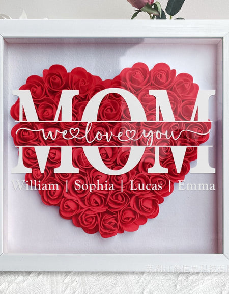 Custom Mom Flower Shadow Box Personalized Heart Shaped Name Frame Mothers Day Gift for Mom, Grandma, Family Anniversary, Birthday, 12"x 12"