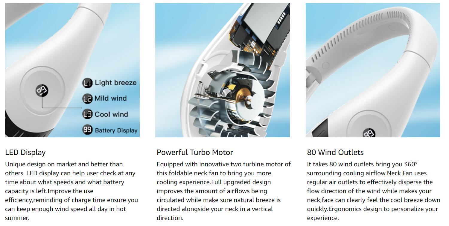 SR Foldable LED Digital Display Outdoor Rechargeable Electric Air Cooling Portable Bladeless Neck Fan with Three Speed