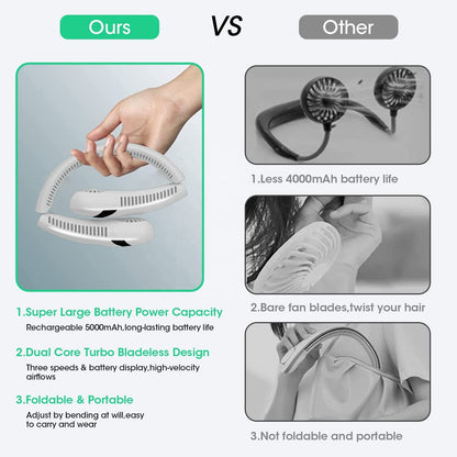 SR Foldable LED Digital Display Outdoor Rechargeable Electric Air Cooling Portable Bladeless Neck Fan with Three Speed
