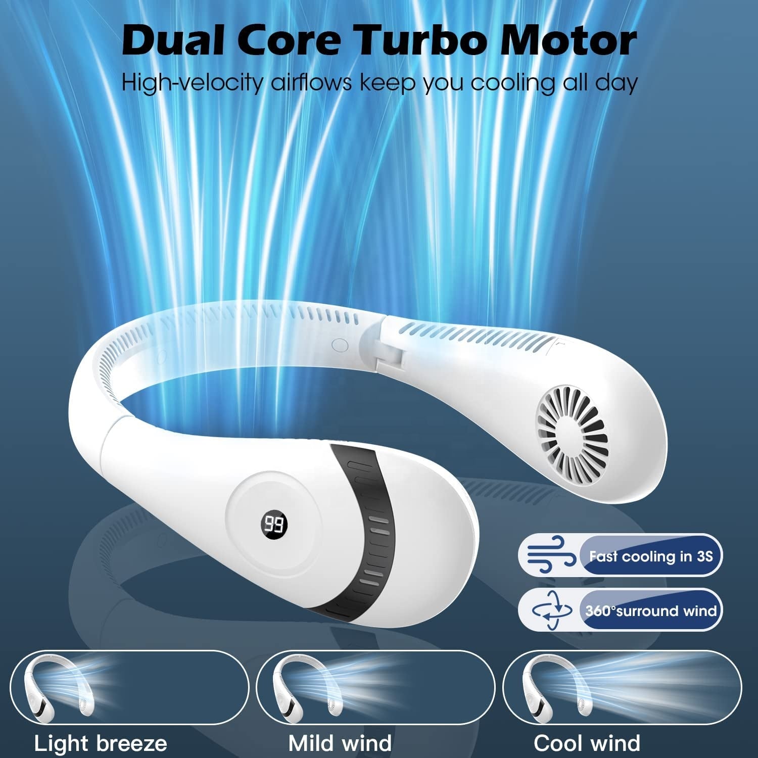 SR Foldable LED Digital Display Outdoor Rechargeable Electric Air Cooling Portable Bladeless Neck Fan with Three Speed