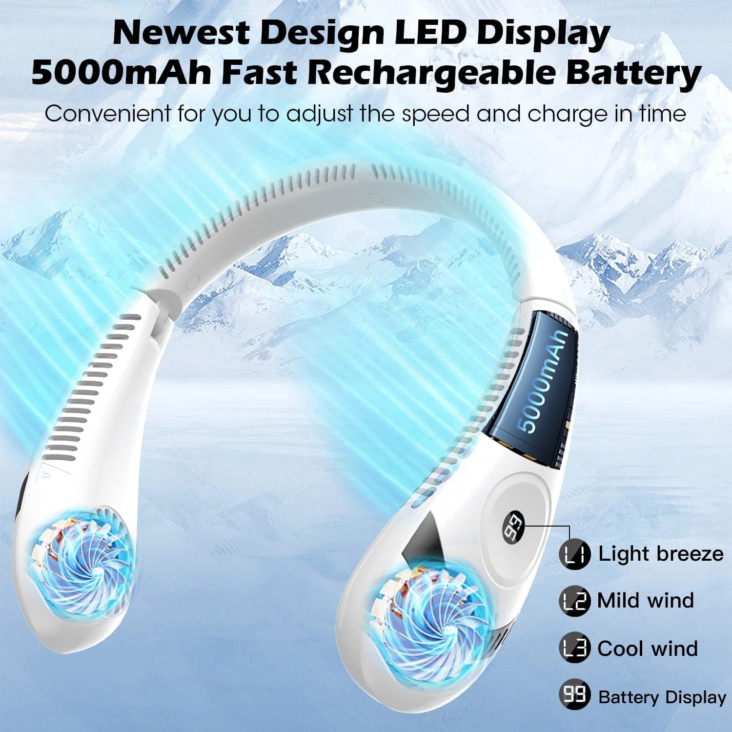 SR Foldable LED Digital Display Outdoor Rechargeable Electric Air Cooling Portable Bladeless Neck Fan with Three Speed